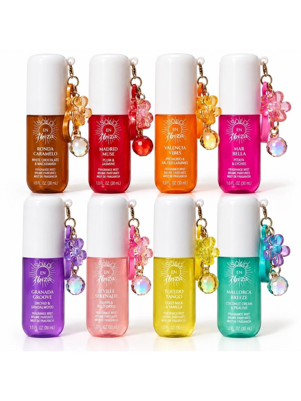 Solo en Ibiza Shimmer Fragrance Mist 8-Piece Complete Collection w/ Charms NEW